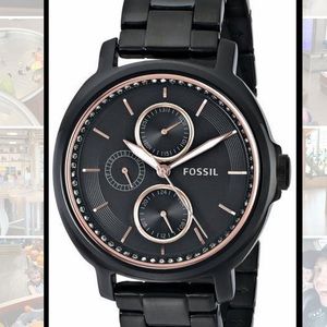 Black & Rose Gold Fossil Watch w/ crystal accents